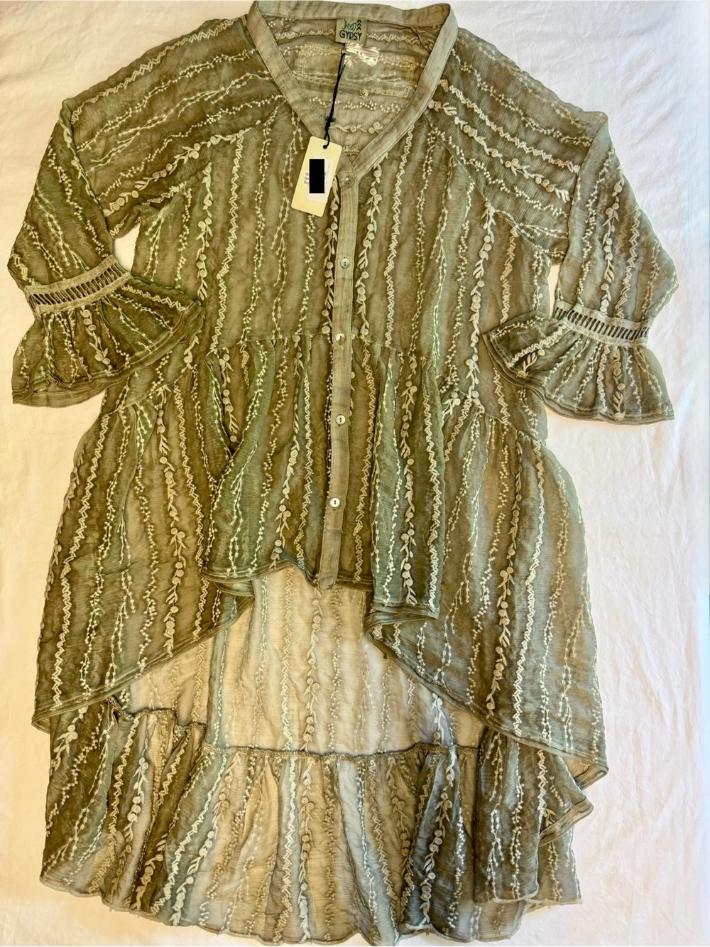 NWT Jaded Gypsy Sage Green Sheer Embroidered High Low Tunic OS